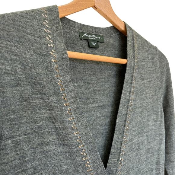 Eddie Bauer 100% Merino Wool Cardigan Sz S Women’s V Neck Sweater Brass Green - Picture 3 of 10